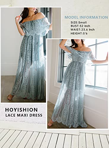 Image of HOYISHION Women's Off The Shoulder Floral Lace Maxi Dress White Bridesmaid Wedding Party Maternity Photoshoot Long Dresses