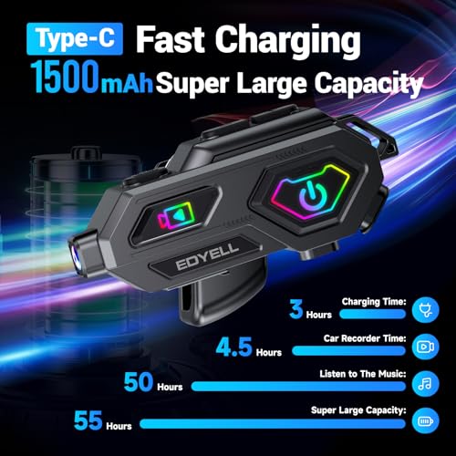 Image of EDYELL Motorcycle Helmet Headset with Camera 1080P HD,360Adjustable Clip,120 Wide Angle,V5.3 HiFi Stereo Calls,IPX6 Waterproof Anti-Collision Recorder,1500 mAh Long Life High Capacity Battery