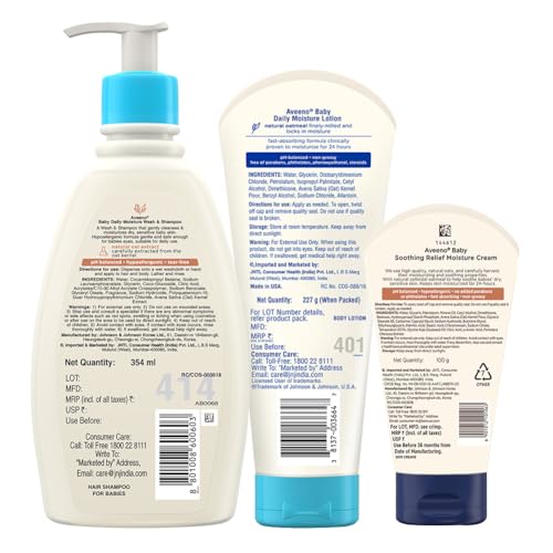 Image of Combo Pack: Aveeno Baby Daily Moisturizing Wash & Shampoo (354ml) + Daily Moisture Lotion (227g) + Soothing Relief Moisture Cream 100g | With natural oat extract | Hypoallergenic, pediatrician recommended | pH balanced formulation with no added parabens and pthalates