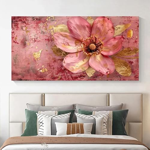 Impression d'art floral abstrait texturé or rose, affiche murale grand format 65x130