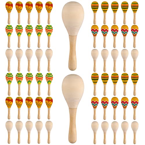 Jexine 60 Pcs DIY Mini Wooden Maracas Unfinished Wood Maracas for Kids Adults, Blank Egg Shakers Maracas Musical Instruments Mini Maracas Party Favors for Mexican Birthday Fiesta Craft Decor