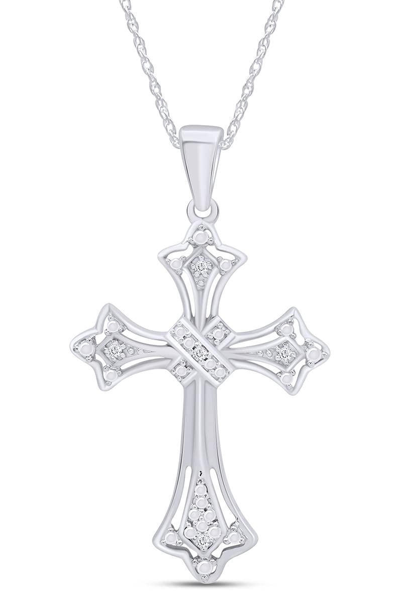 AFFY Round Shape White Natural Diamond Accents Cross Pendant Necklace In 14k Gold Over Sterling Silver