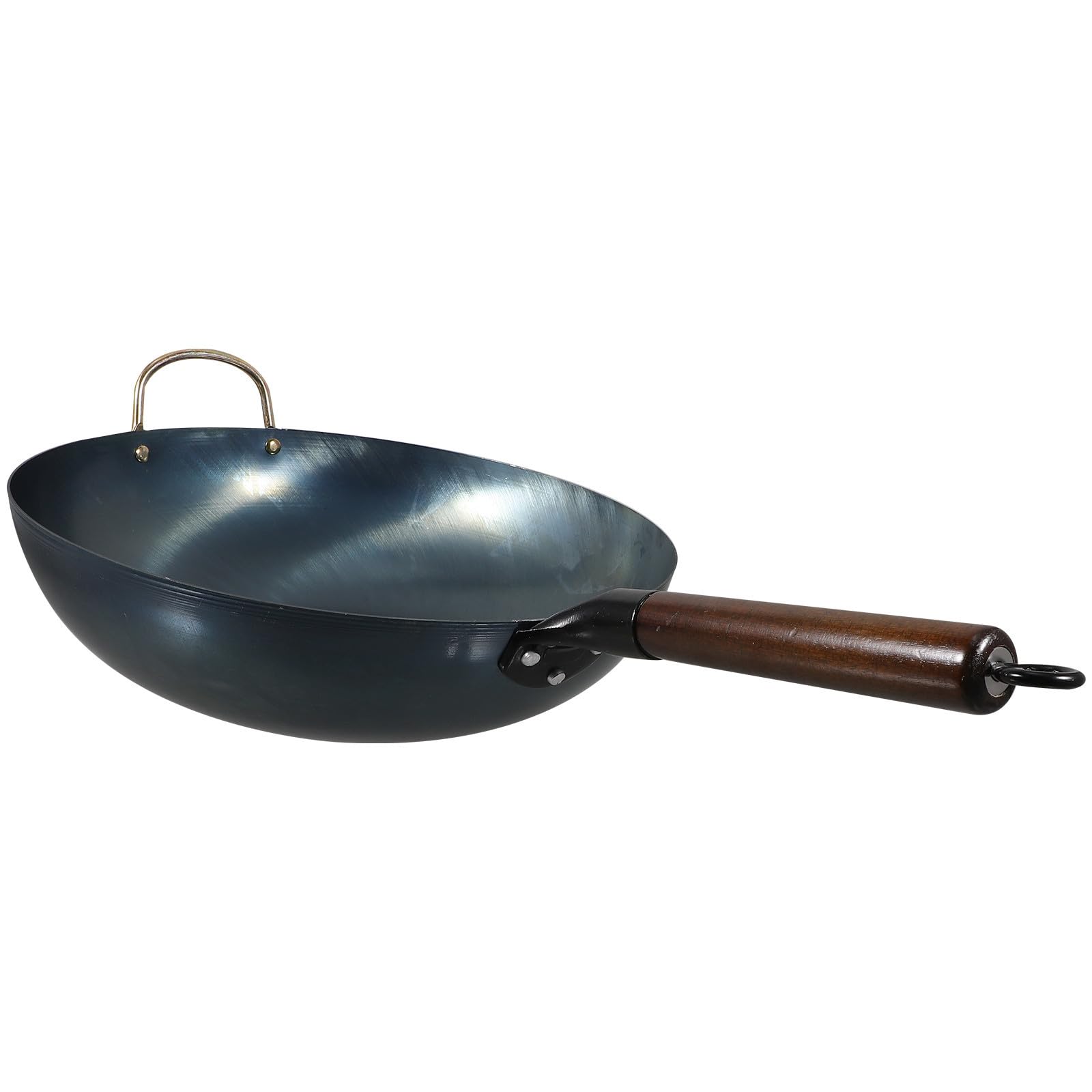 BESPORTBLE Padella Distribuzione Ferro del Wok Manico Tradizionale in Legno in Fondo Piatto Spesso Uniforme Calore, Facile da Pulire per Barbecue e Campeggio All'aperto