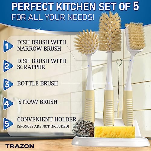 Image of Dish Brush Set of 5 with Holder - Kitchen Scrub Brushes with Non-Slip Long Handle for Cleaning, Scrubber, Dishwashing, Dishes, Bottles, Straws, Cups, Pots & Sink, Baige