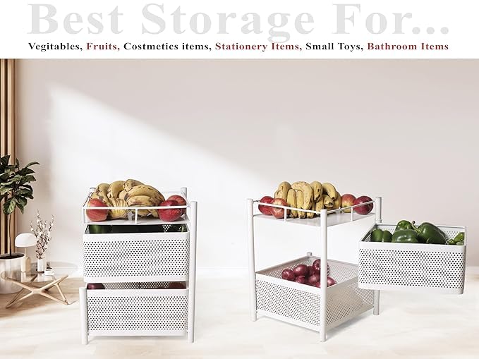 Image of KITCHIVO Kitchen Storage Rack | Revolving Vegetable Rack | Square Multipurpose Storage Trolley with Wheels | Metal Fruit Rack (White, 2 Layer)