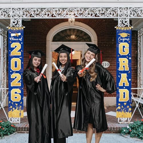 Image of 2026 Graduation Party Decorations - Blue Gold Class of 2026 Congrats Grad Porch Sign Banner Hanging Flag Graduation Party Supplies for School College Classroom Decor