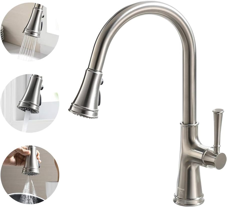 Promo 40% OFF Brushed Nickel Kitchen Faucet with Pull Down Sprayer, Oakland Single Handle High Arc Kitchen Sink Faucet Single Hole Farmhouse Kitchen Faucet with 3 Function Spray Head for Laundry RV, KSK1129-BN