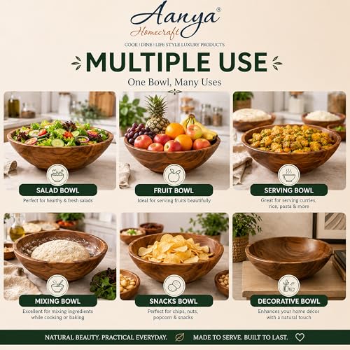 Image of Aanya Homecraft Acacia Wooden Salad Bowl | Serving Bowl | Mixing Bowl for Kitchen | Chef Decorative Bowl for Soup Serve-Ware & Snacks | 29x29x10 CM | Natural