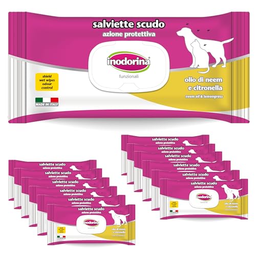 Inodorina, Toallitas Escudo para Perros, desinfectantes y perfumadas de Tejido Resistente, humidificadas con lociones específicas, contra parásitos con Aceite de nim, Paquete de 12 Unidades