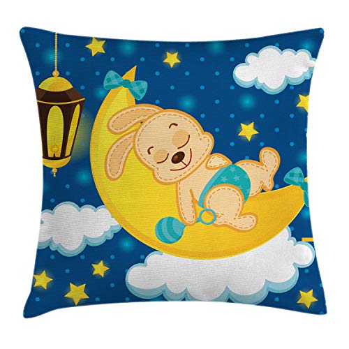 Lunarable Rabbit Throw Pillow Cushion Cover, Cartoon Rabbit Sleeping on The Moon Clouds Stars Night Sky Illustration, Decorative Square Accent Pillow Case, 40