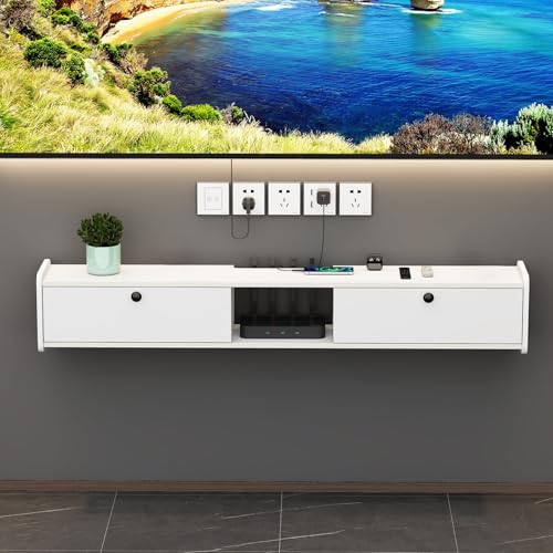 Étagère murale TV flottante blanche 100cm, meuble décodeur peu encombrant pour salon