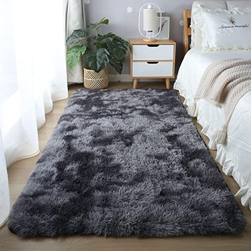 Image of CAIYUECS Shag Area Rug,Indoor Ultra Soft Fluffy Plush Rugs for Bedroom Living Room, Non-Skid Modern Nursery Faux Fur Rugs for Kids Room Home Decor (Tie-Dyed Dark Gray, 3x5 Feet)