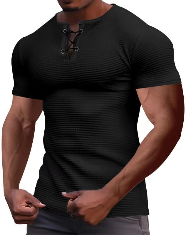 Men's Muscle Fit Henley Shirt Short Sleeve Lace Up Slim Fit Casual Tee