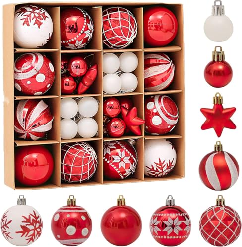 Xmas Baubles, 42pcs Red and White Christmas Tree Baubles Christmas Hanging Ball Ornaments Decor Xmas Tree Decorations Shatterproof Balls Seasonal Decorative Winter Holiday Party Home