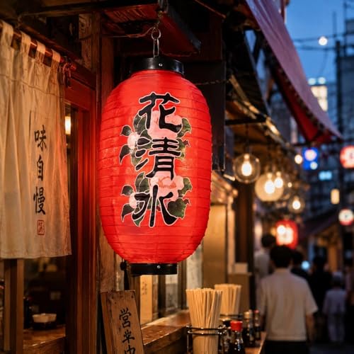 Image of LOGOFUN Japanese Style Lantern Japanese Sushi Bar Hanging Lantern Traditional Restaurant Lantern with Waterproof Paper Lanterns - Red, Size Medium