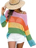 ANRABESS Womens Crochet Cover Up Summer Long Sleeve Loose Fit Casual Sweater Tops Hollow Out Knit Swimwear 2025 Beach Shirts Stripe Rainbow Small