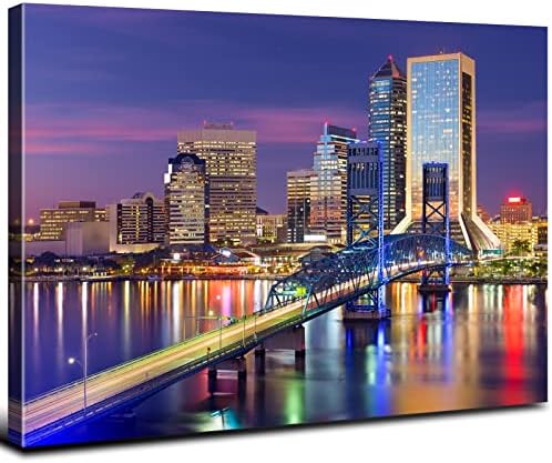 Florida City Wall Art Jacksonville Skyline Wall Decor for Living Room US Night Cityscape Canvas Prints Pictures City Panoramic Landscape Skyscraper Poster Modern Office Bedroom Home Decorations 24x36"