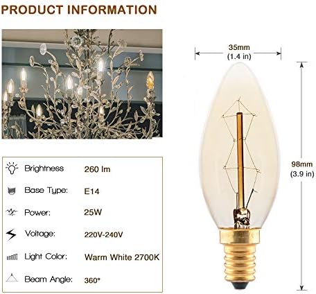 Vintage E14 Candle Light Bulbs 25W, Pack of 6 Dimmable E14 SES Small Screw Bulbs, Decorative Filament Bulbs, Soft Warm White 2700K