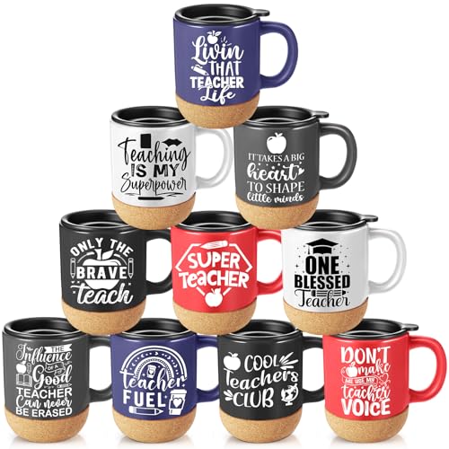 Didaey 10 Pcs Teacher Appreciation Gifts Teacher Mugs Bulk 12 oz Ceramic Coffee Cups with Lid and Cork Base End of the Year Teachers Gifts Thank You Mugs for Women Men(Fresh Style,Multi-color)