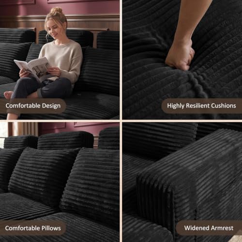 Image of Boneless Couch for Living Room, 113 inch Oversized U Shaped Modular Cloud Sofa with Deep Seat, 6 Seater Convertible Memory Foam Couches, No Assembly Plush Corduroy Sofa (Black)