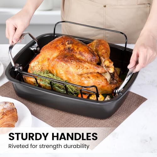 AOTASO Nonstick Roasting Pan with Rack, Turkey Roasting Pan for Oven, Large Roaster Pan with Handle for Chicken, 17 X 13 Inch, Carbon Steel, Dark Grey by AOTASO - Image 5