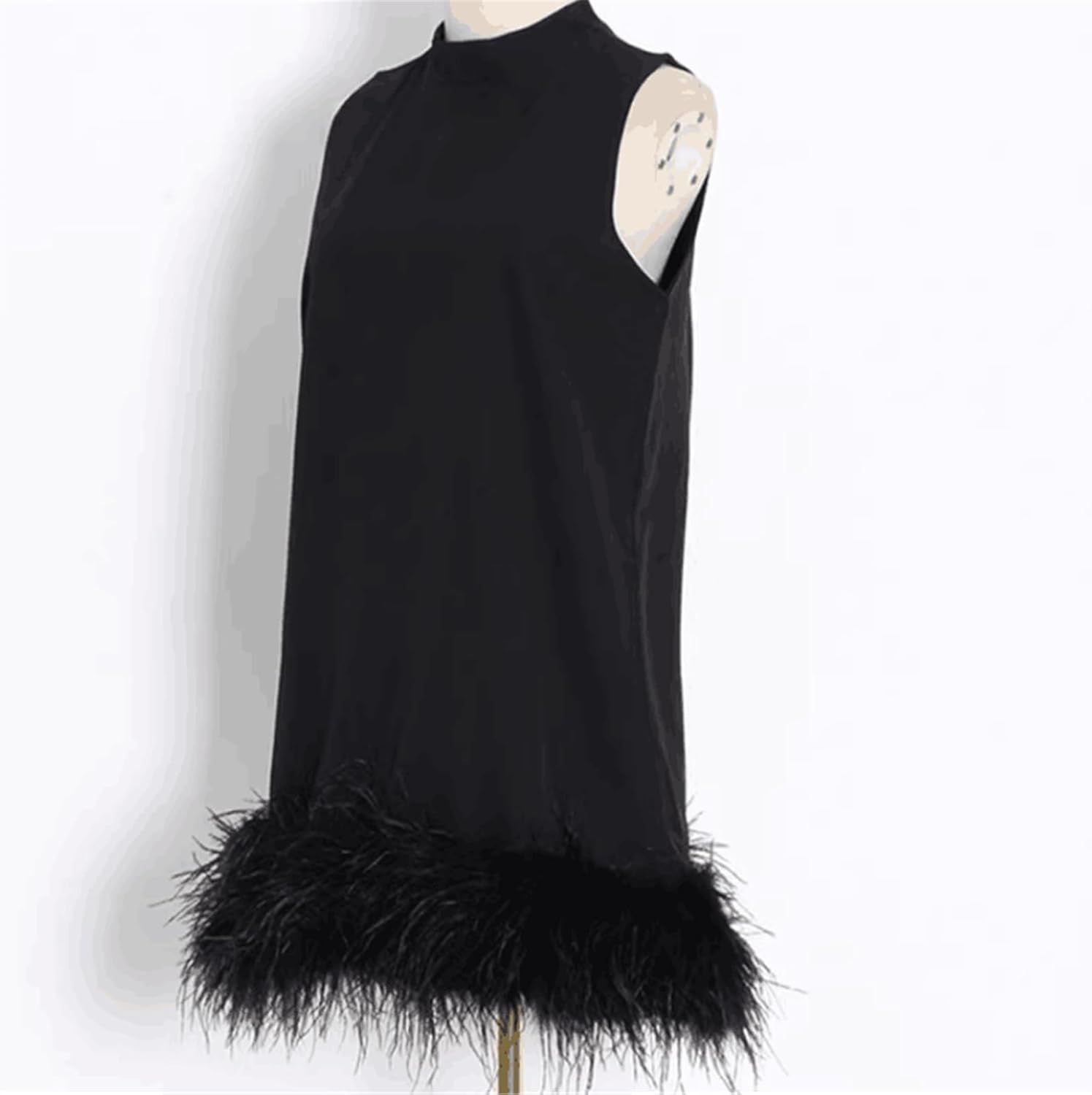 Size M PY-05 Women's Fluffy Ostrich Feather Hem Short Mini Dress Summer Sleeveless Turtleneck Loose fit Dresses