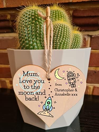 Personalised Handmade Wooden Hanging Heart Plaque for Mum loving thoughtful special keepsake Mum Love you to the moon and back cute cartoon space card alternative from children