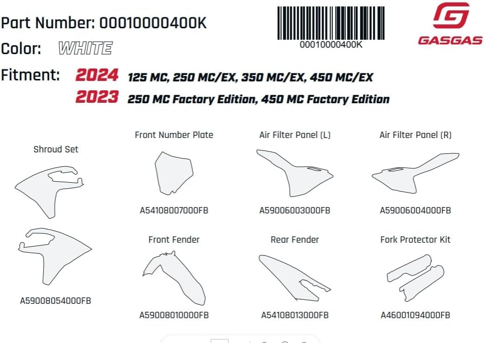 Genuine GASGAS White Dirt Bike Plastic Kit | Contains All Plastic Pieces in One Box
