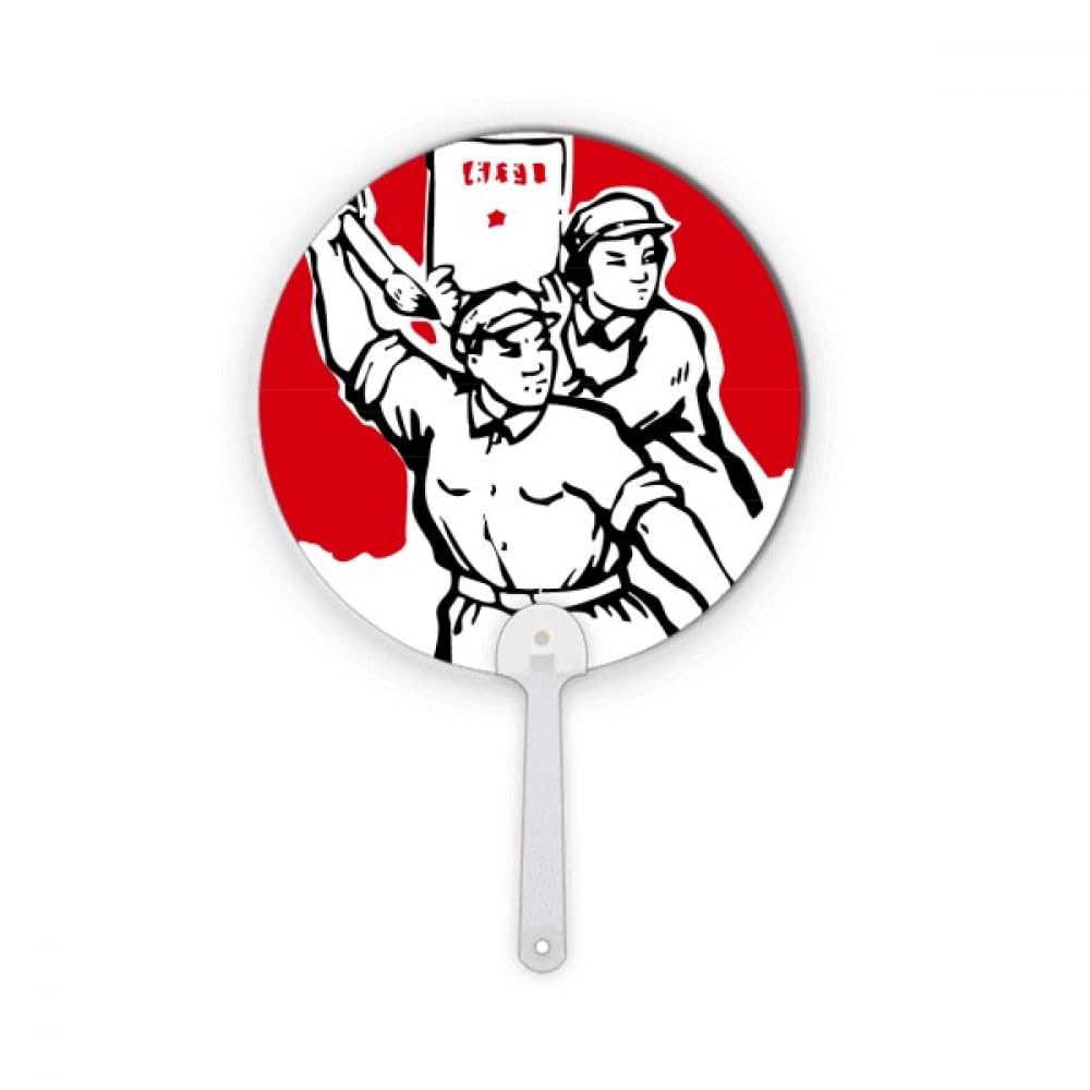 Éventail rond Mao Ze en plastique rigide motif soldat et citations