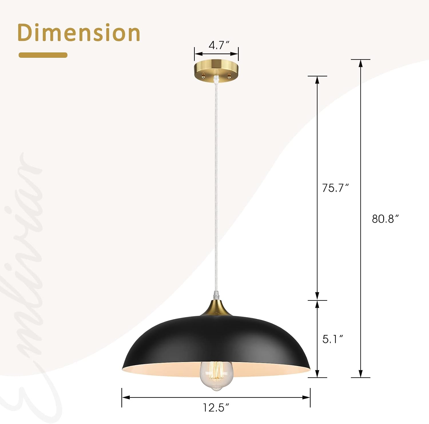 Emliviar 1-Light Dome Pendant Light, 13 Inch Modern Ceiling Hanging Light with Metal Dome Shade, Black and Gold Finish, 1901M BG/BK