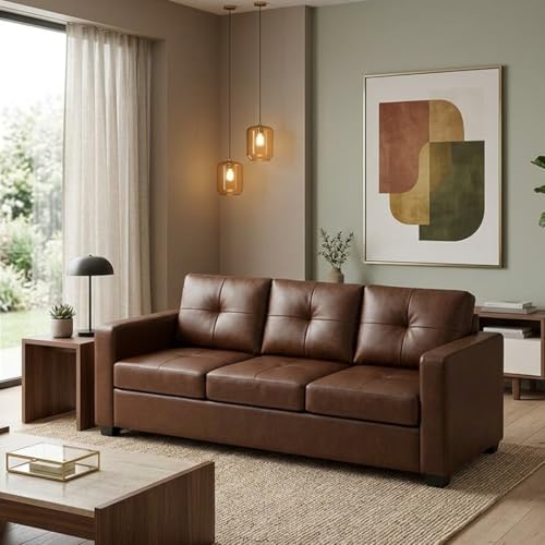 Image of FURNY Hermon 3 Seater Premium Leatherette Sofa Set (Brown) Durable & Comfortable | Ideal for Living Rooms