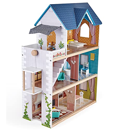 Little Room Pretend Play 3 Story Wooden Doll House W/ Light, Doorbell, & Bedroom, Bathroom, Living Room, & Dining Furniture For Kids Age 3 And Up #TOP3