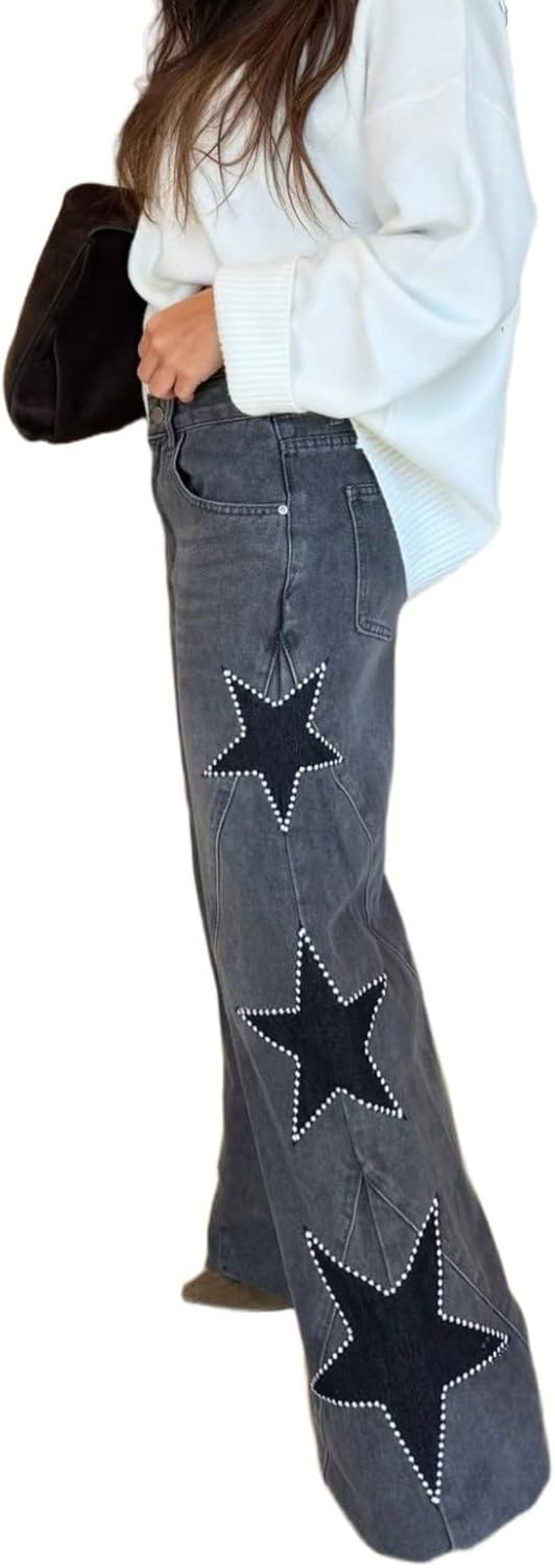 Women's Street Style Fashion Patchwork Button-Up Loose Fit Straight Leg Denim Pants