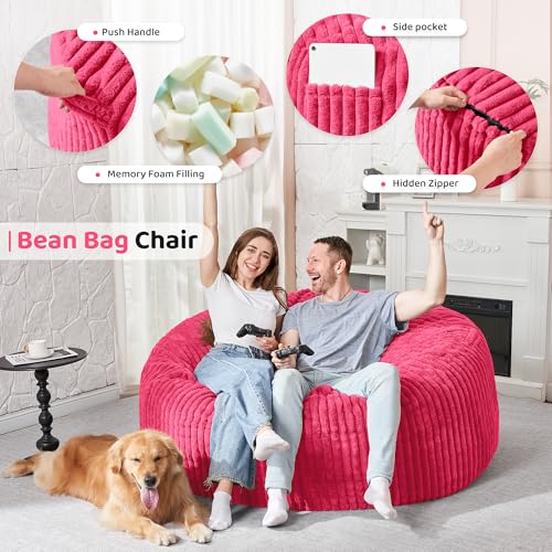 Image of HABUTWAY 5FT Bean Bag Chair, 5' Large Bean Bag Chairs for Adults with Removable Stripe Plush Cover, Memory Foam Beanbag Chair for Living Room Bedroom Dorm (Pink)