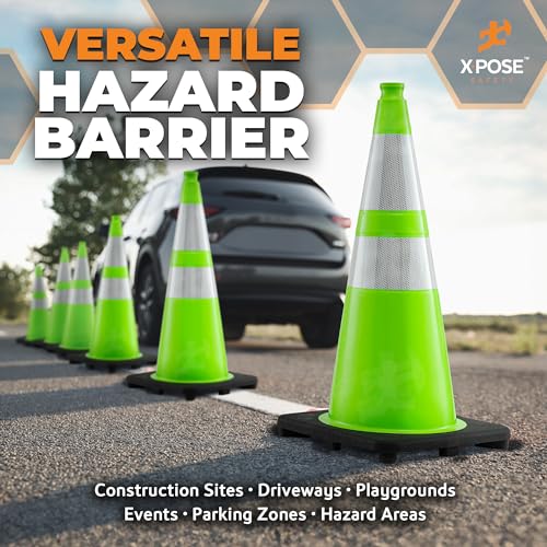 Image of Xpose Safety 28 inch Lime Green Traffic Cone Dual 6 inch & 4 inch Reflective Collar
