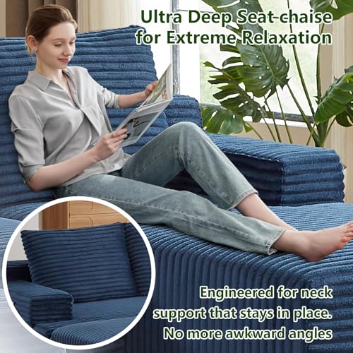Image of 96 inch Modular Sectional Sofa, Modern Corduroy Cloud Couch with Side Pockets, Boneless Couch Upholstered 3-Seater L-Shaped Sofa for Living Room, No Assembly Required (Blue, Right-Facing Chaise)