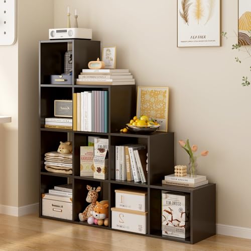 Ladder Cube Storage Bookcase, 10-Cube Corner Shelf, Black | Wooden L-Shaped, Reversible 4-Tier Organizer, Fits 11×11″ Bins, For Home & Office