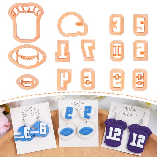 Puocaon Football Polymer Clay Cutters - 14 Pcs Embossed Football Clay Cutters for Polymer Clay Earrings Making, Football Helmet Clay Cutters for Earrings Making Sportswear Numbers Collection