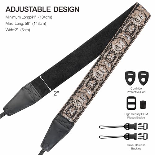 Image of Padwa Lifestyle Camera Strap - 2 inch Full Grain Leather Ends Camera Straps for Photographers, Vintage Embroidered Cotton Weave Soft Suede Fabric Padded Strap Quick Release fits All Cameras