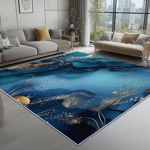 Alfombra de área Azul, para la decoración del Pasillo Alfombras 120 x 180 cm Interiores Antideslizantes Alfombras Elegancia Lujo Lámina de Oro Textura Pelo Corto Lavables Alfombras de Sala de Estar