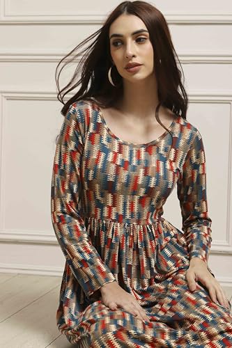 Image of BIBA Women Cotton Blend Flared Printed Dress