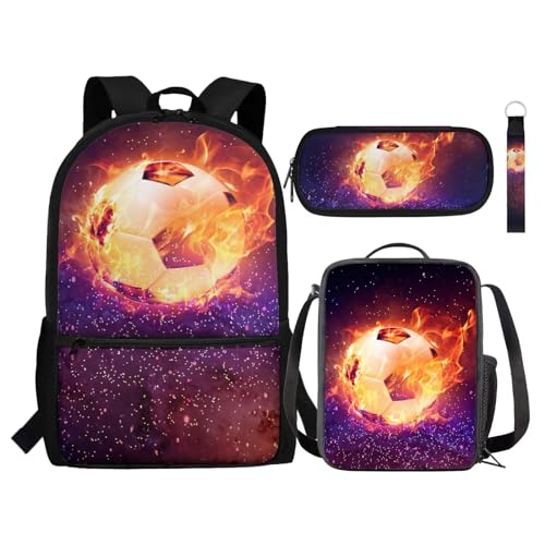 Set zaino per bambini con portapranzo portapenne portachiavi 4 in 1 regalo per ragazze ragazzi adolescenti Calcio Fuoco Galaxy Taglia unica Zaini Daypack
