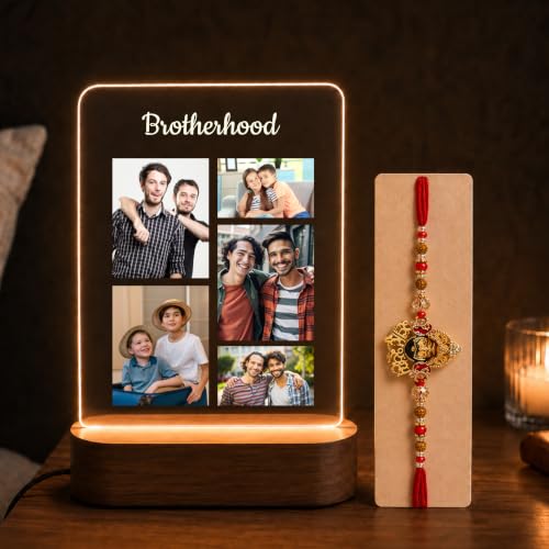 Image of Giftplease Personalized LED Photo Frame Lamp Rakhi Gift Combo for Brother & Bhaiya | Custom Acrylic Printed Night Light with Designer Rakhi, Roli Chawal Tikka, Greeting Card | Rakshabandhan Gift