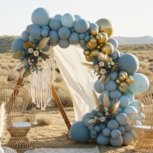Image of Dusty Blue Balloon Arch Kit - Double-Stuffed Balloon Garland with Multiple Blue Shades, Pastel Teal for Baby Shower, Wedding, Birthday, Graduation and Gender Reveal Party Decorations