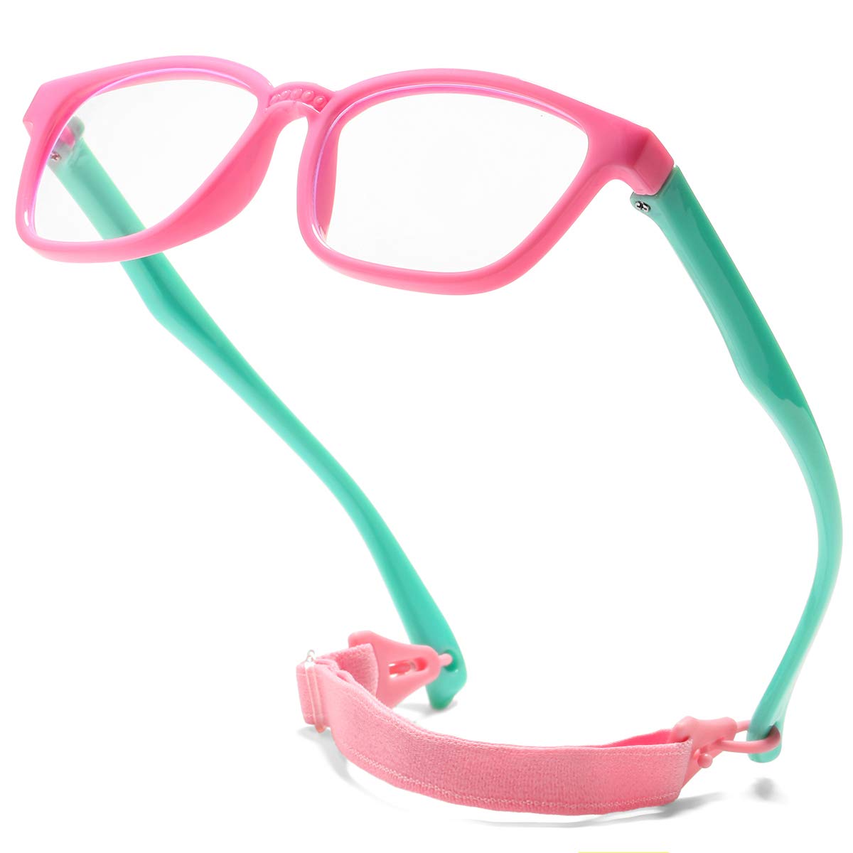 SeeBand Kids Blue Light Blocking Glasses TPEE Rubber Flexible Nerd Eyeglasses for Age 3-10 (with Glasses Rope) (Pink/Blue)