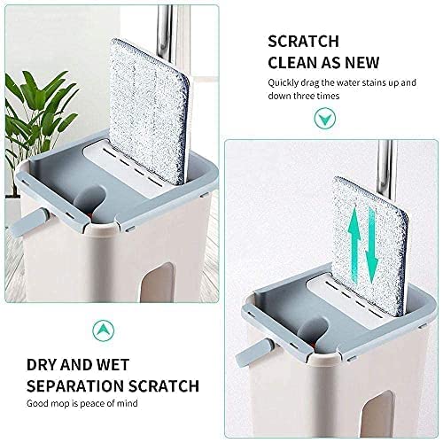 Image of Heavy Quality Floor Mop with Bucket, Flexible Kitchen Tap Flat Squeeze Cleaning Supplies, 360 Flexible Mop Quiet, 2 Reusable Pads, Microfiber, Adjustment Office Home, Room (White)