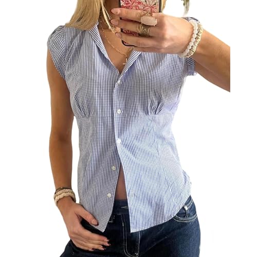 Y2k Button Down Shirt Short Sleeve Gingham Plaid Striped Crop Tops Vintage Women Teen Girl Going Out Blouse