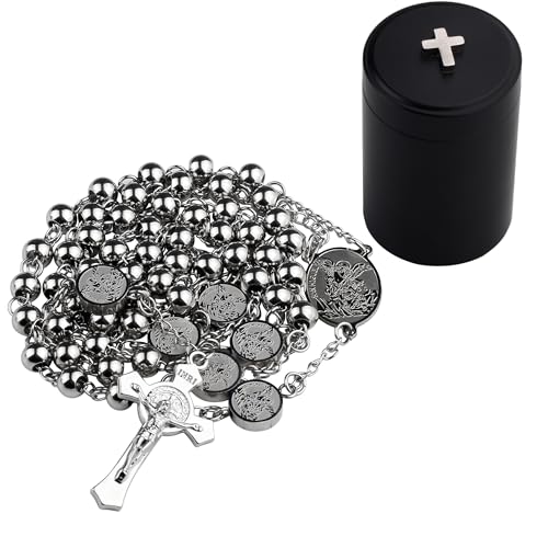 HanlinCC Stainless Steel Catholic Rosary Necklace with Gift Box with Saint Benedict Saint Michael Miraculous medal for Men and Women2