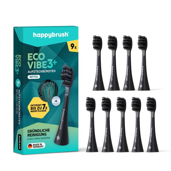happybrush® Aufsteckbürsten für elektrische Schall-Zahnbürste Eco VIBE 3 - AllBlack - 9 Stück