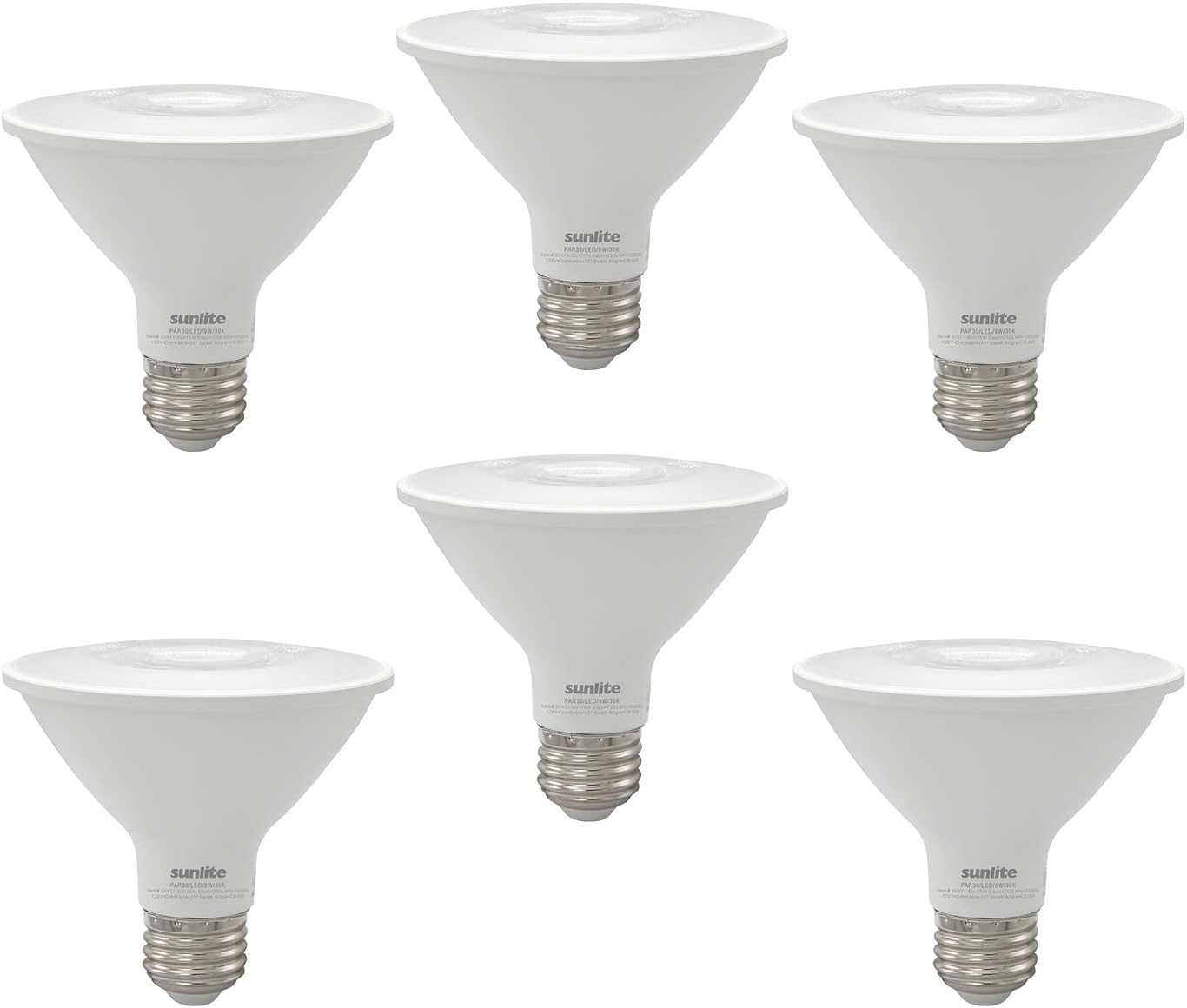 Sunlite LED PAR30 Reflector Light Bulb, 9 Watts (75W=), 750 Lumens, Medium E26 Base, 90 CRI, Dimmable, Floodlight, Title-20 Compliant, ETL Listed, 6 Count, 3000K Warm White Sunlite LED PAR30 Reflector Light Bulb, 9 Watts (75W=), 750 Lumens, Medium E26 Base, 90 CRI, Dimmable, Floodlight, Title-20 Compliant, ETL Listed, 6 Count, 3000K Warm White